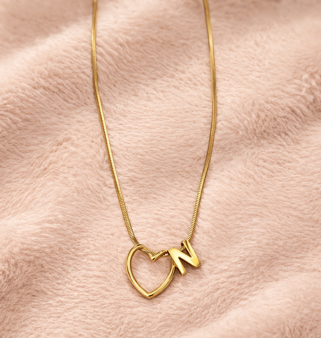 Gold Heart Initial "N" Necklace