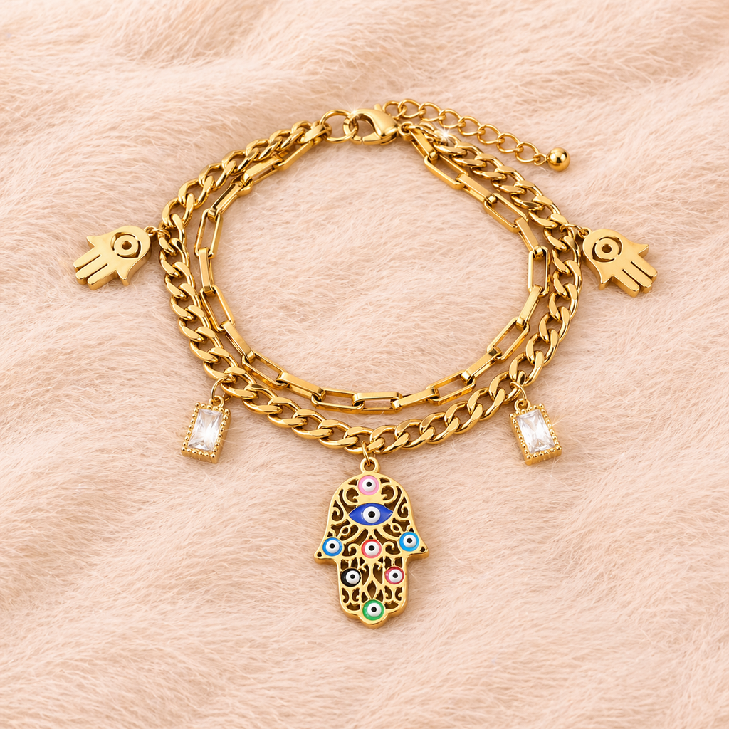Gold Hamsa Evil Eye Charm Bracelet