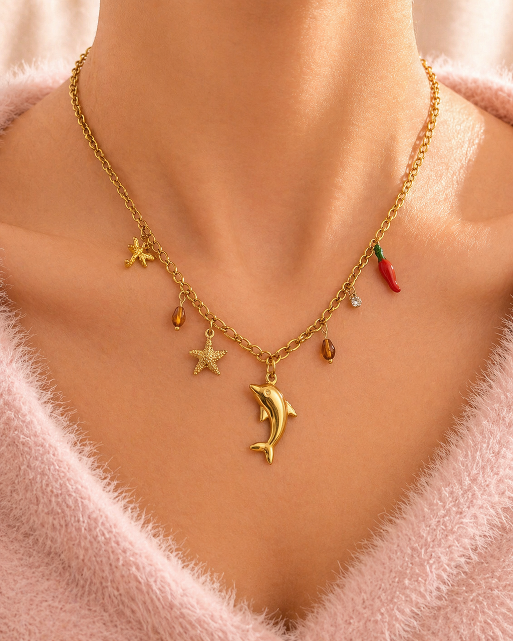 Gold Charm Necklace with Dolphin Pendant