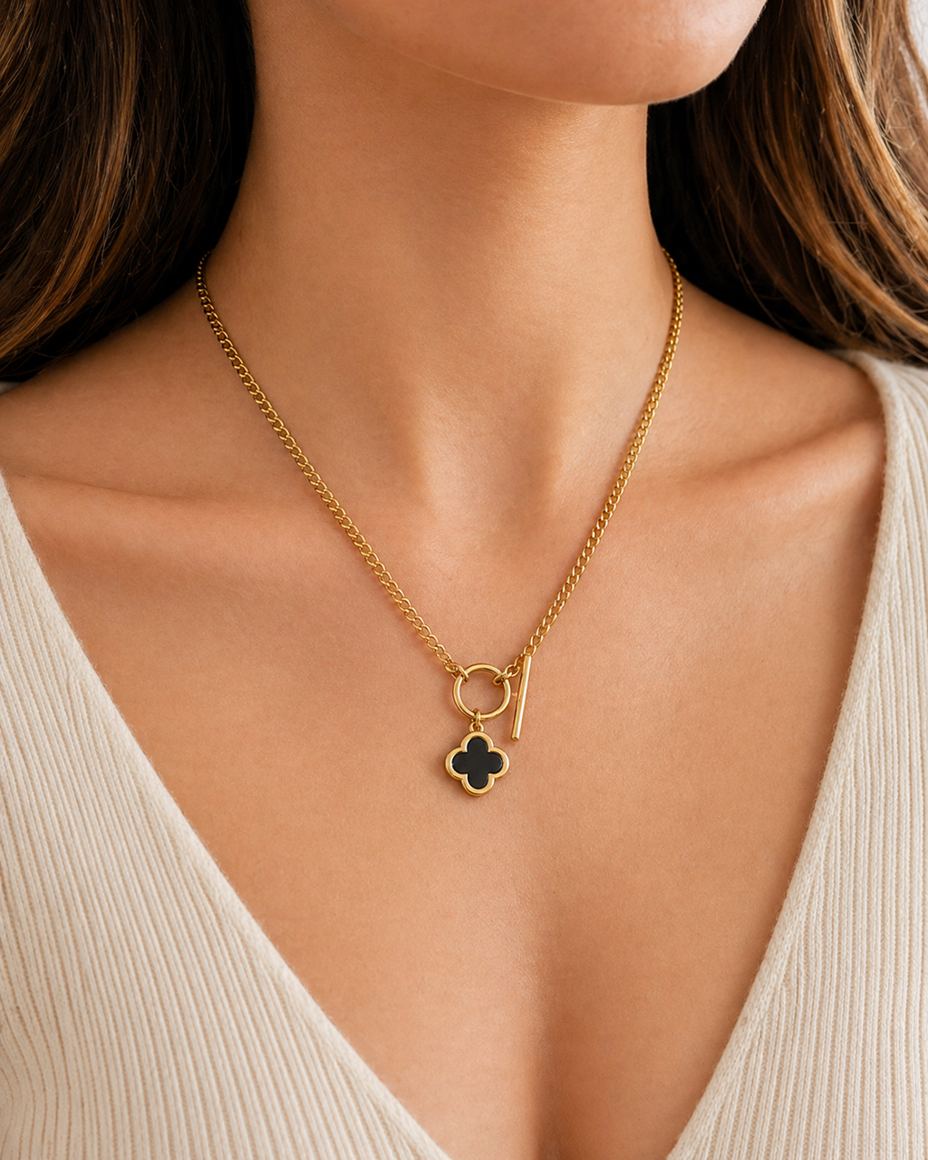 Gold Clover Pendant Necklace with Toggle Clasp