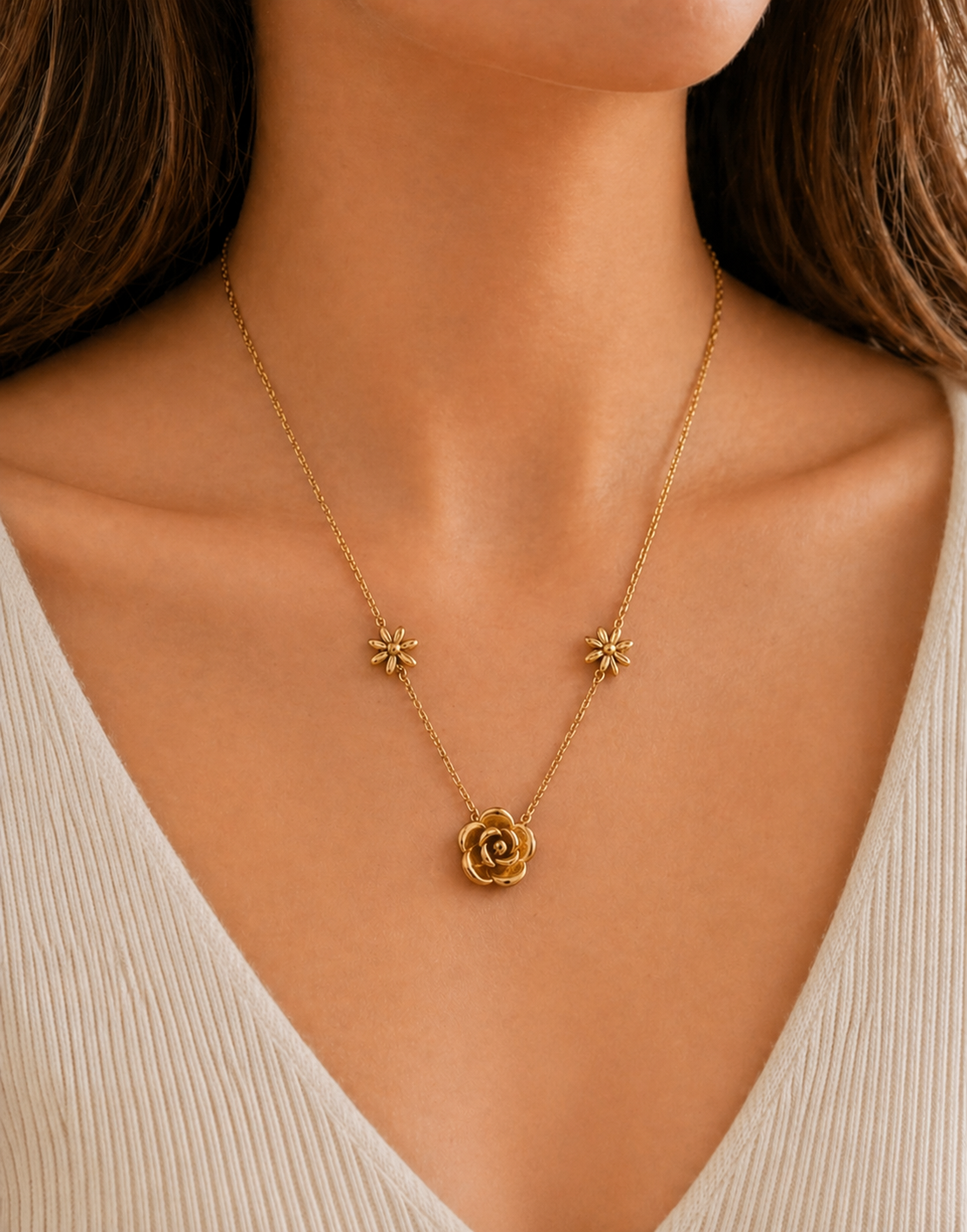 Gold Rose and Daisy Floral Necklace