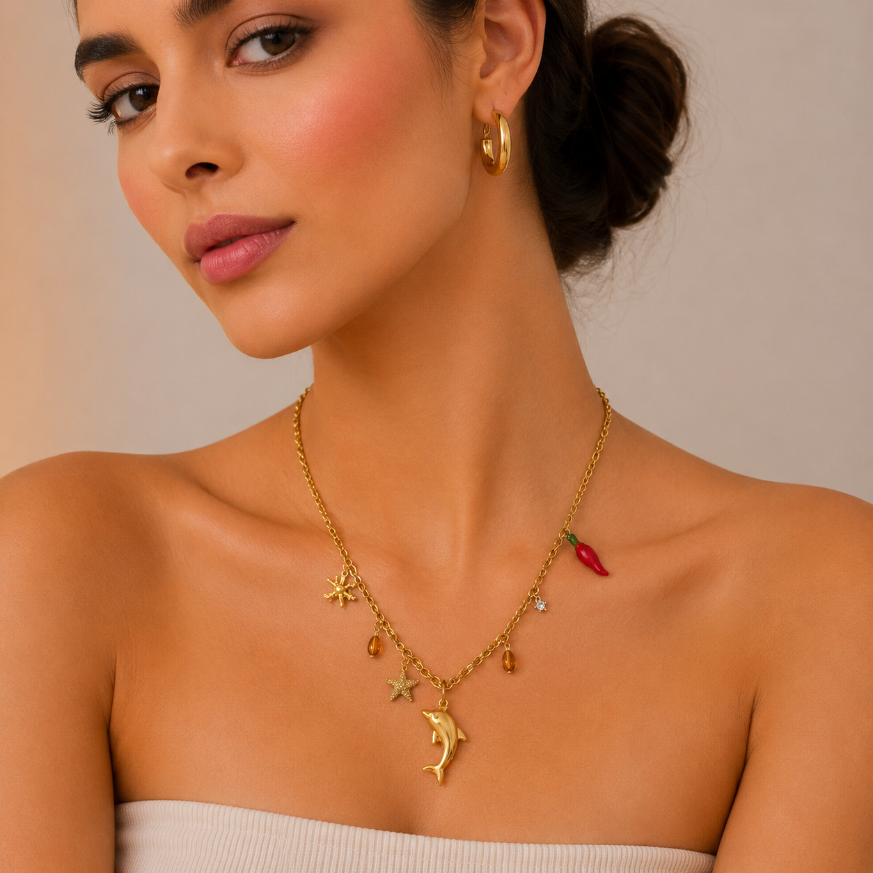 Gold Charm Necklace with Dolphin Pendant