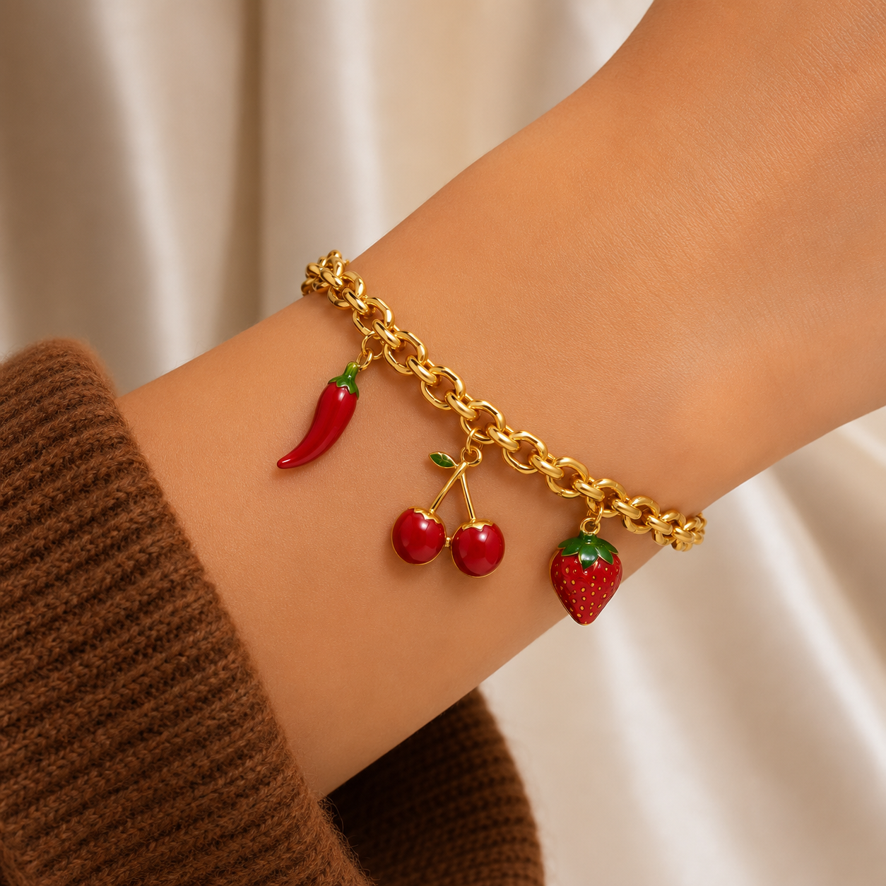Gold Cherry Charm Bracelet