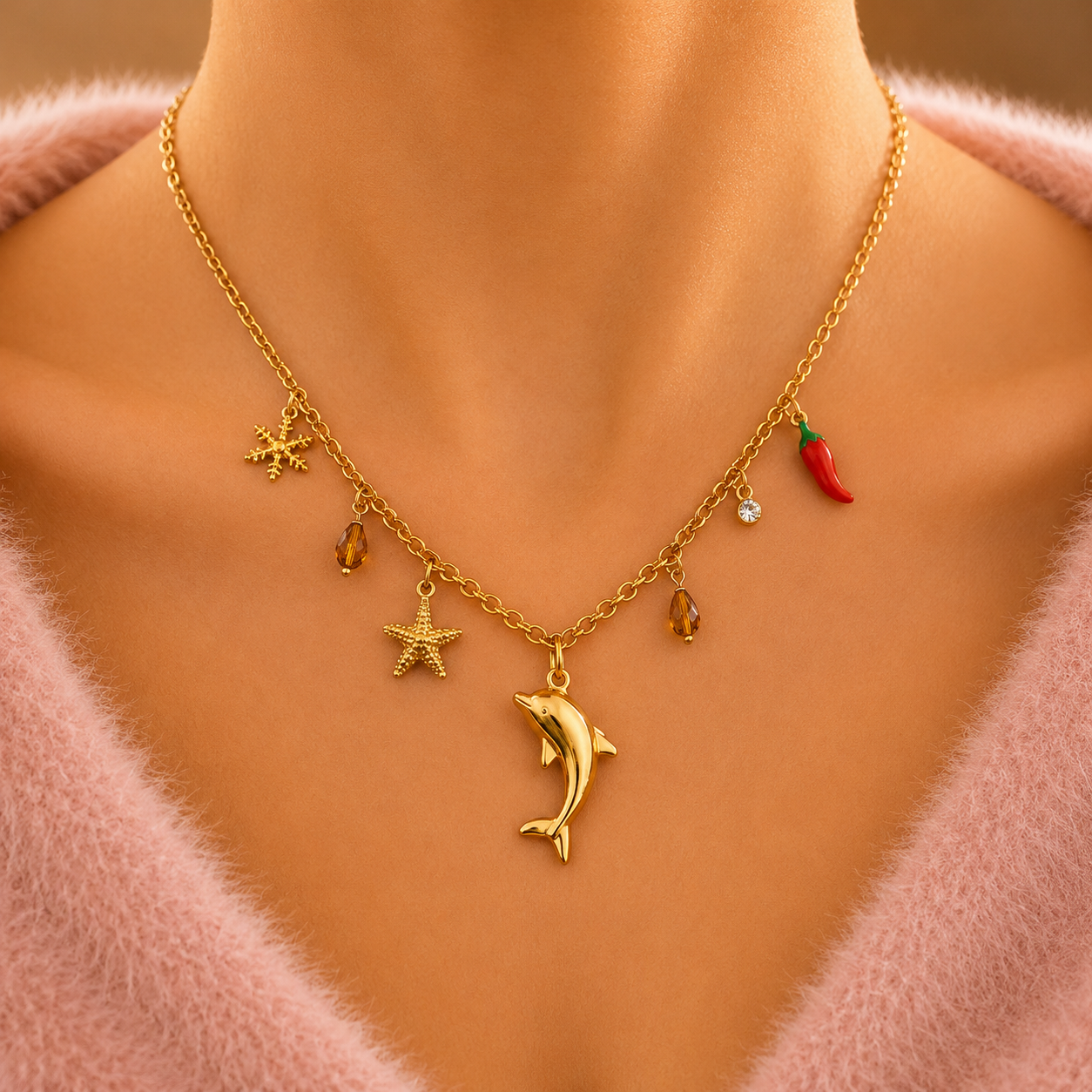 Gold Charm Necklace with Dolphin Pendant