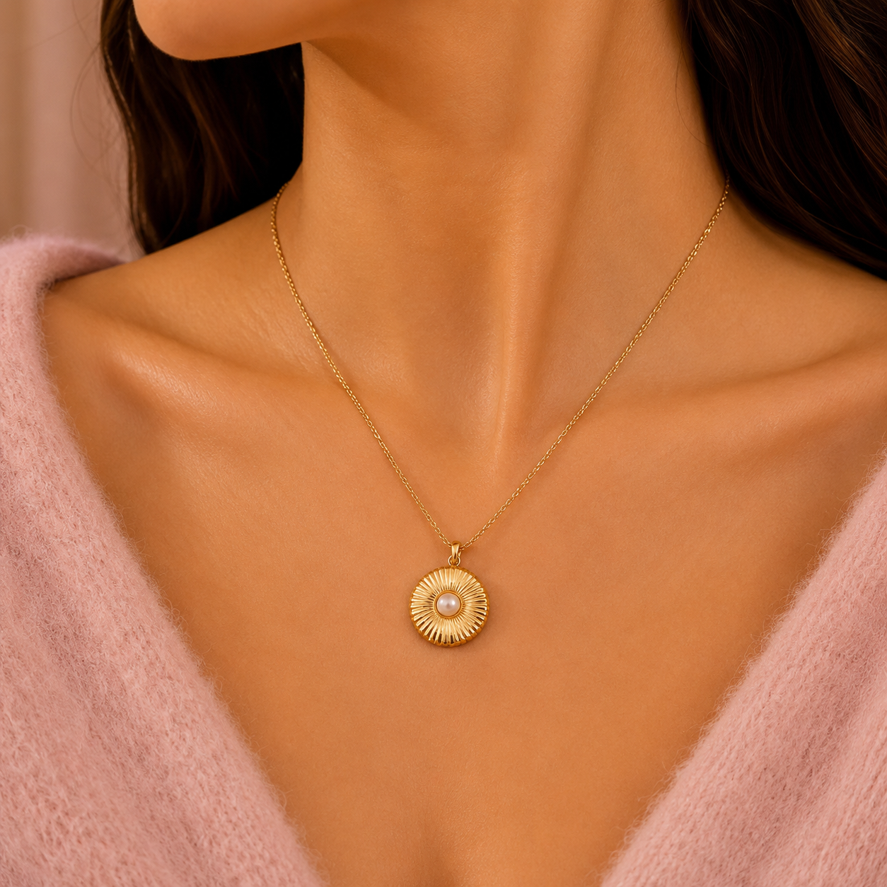 Gold Sunburst Pendant Necklace with Stone Center