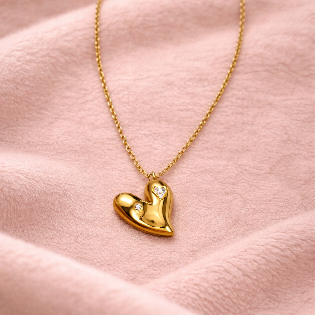 Gold Heart Pendant Necklace with Crystal Accent