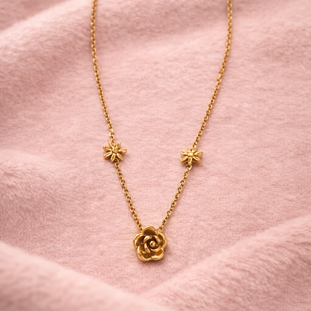 Gold Rose and Daisy Floral Necklace