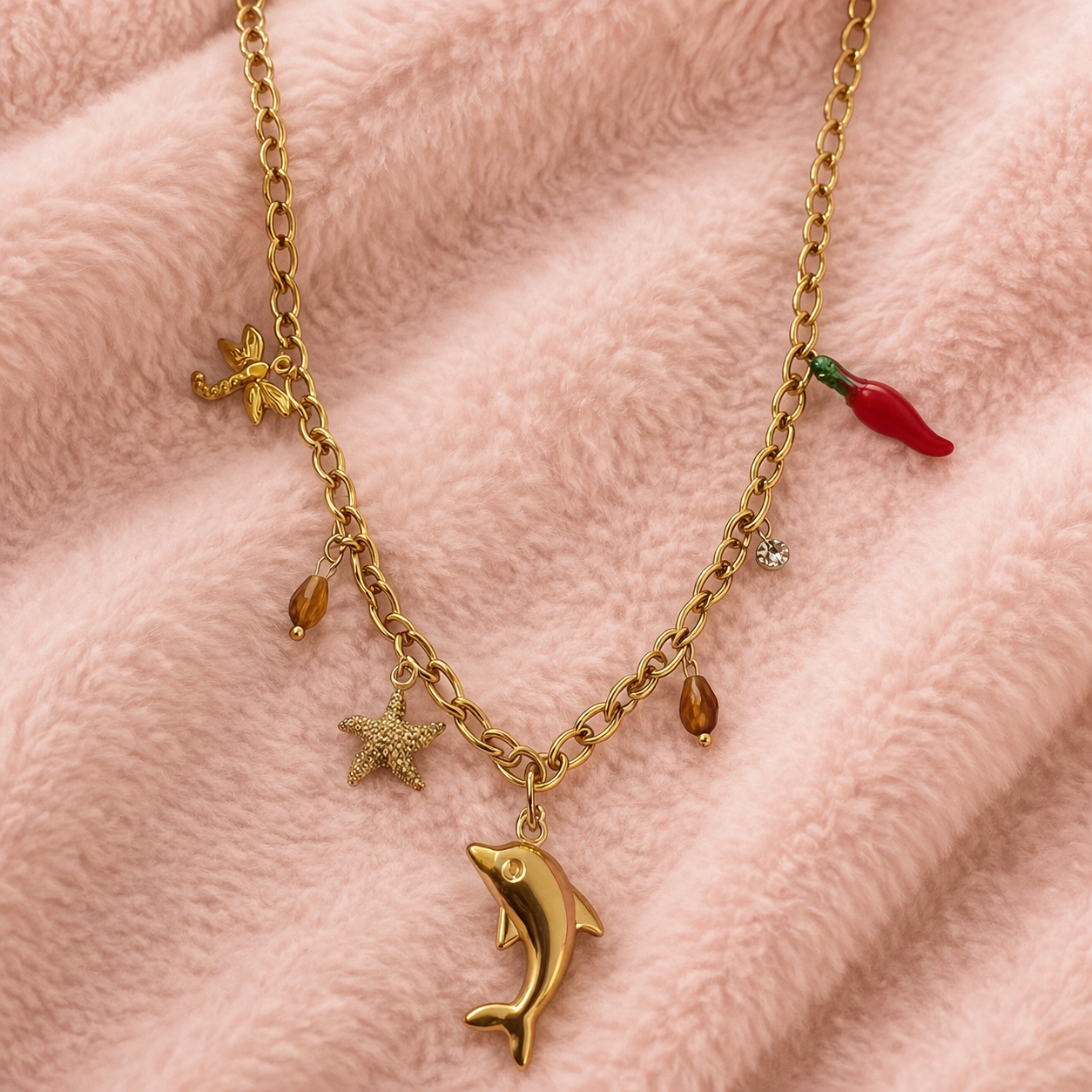 Gold Charm Necklace with Dolphin Pendant