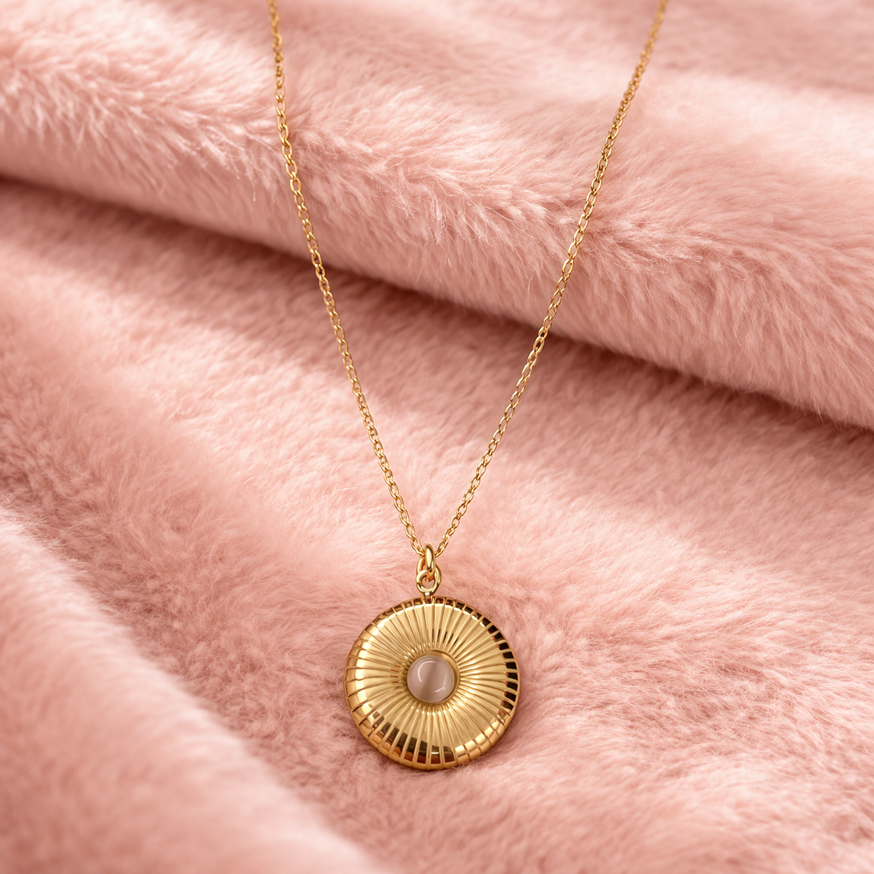 Gold Sunburst Pendant Necklace with Stone Center