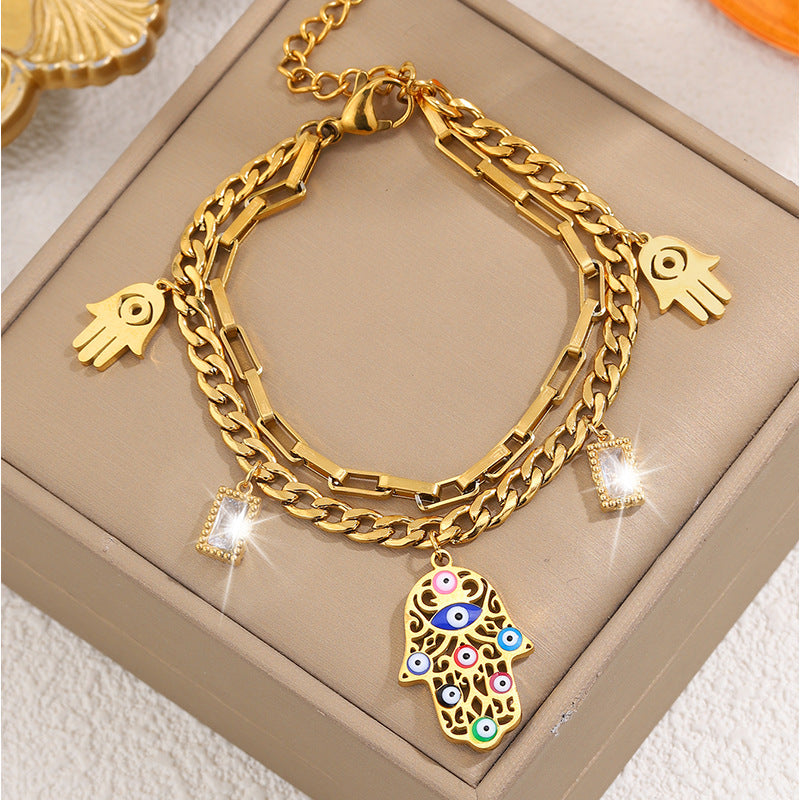 Gold Hamsa Evil Eye Charm Bracelet