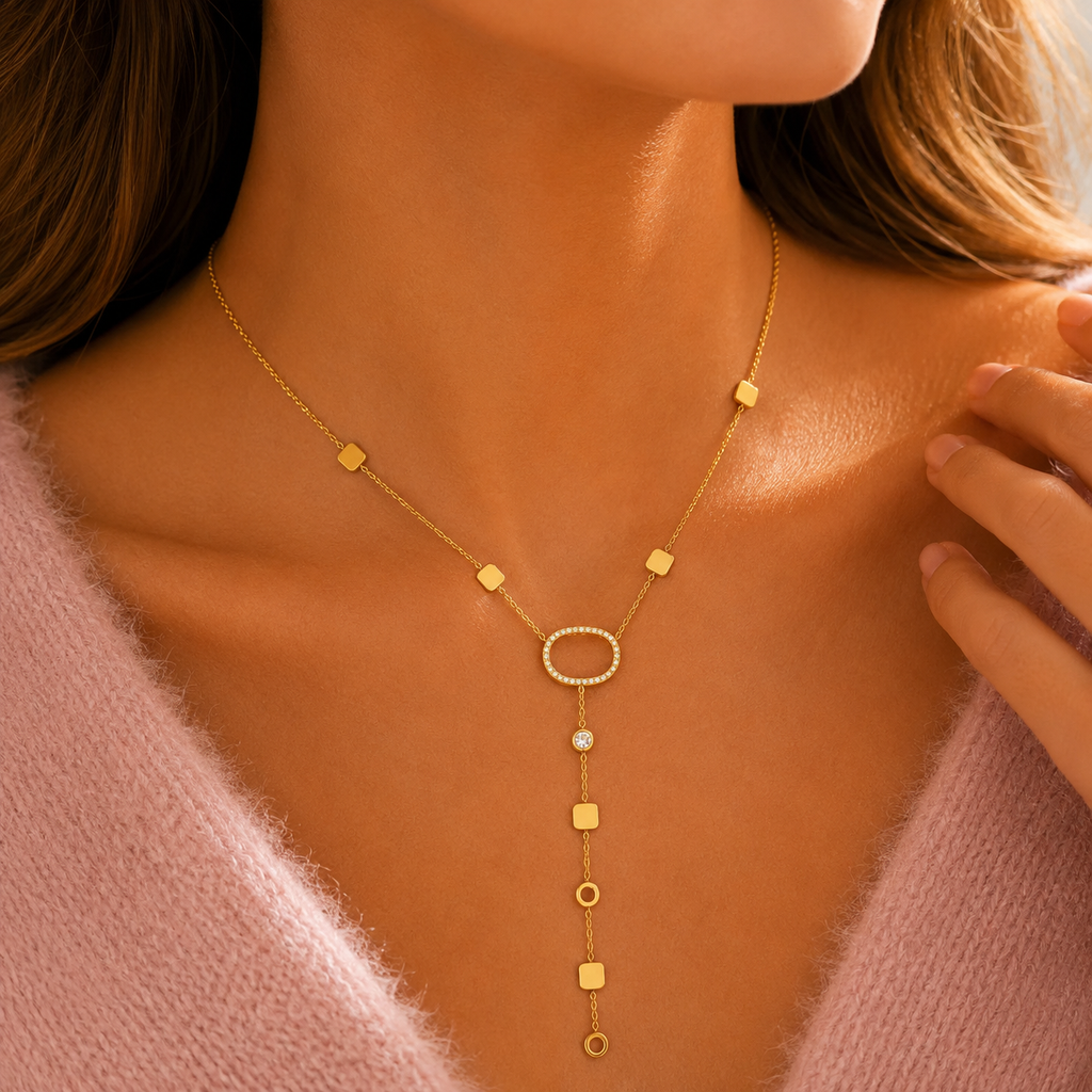 Gold Oval Crystal Drop Necklace